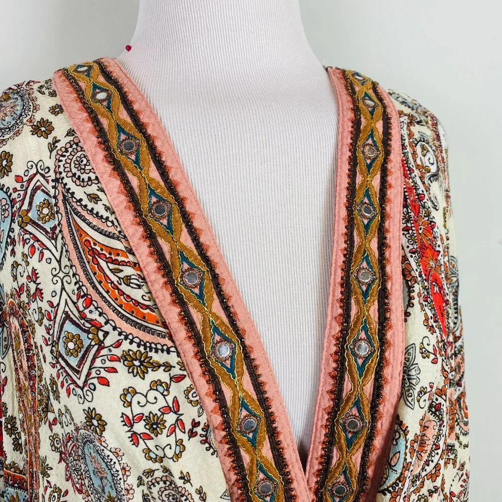 Boho Paisley Print Front Tie Beach Cover Up Top - Picture 4 of 12